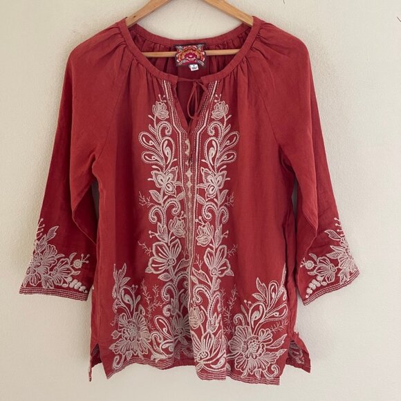 Johnny Was Tops - JOHNNY WAS Brick Red Embroidered 100% Linen Peasant Top: Size Small; NWOT!
